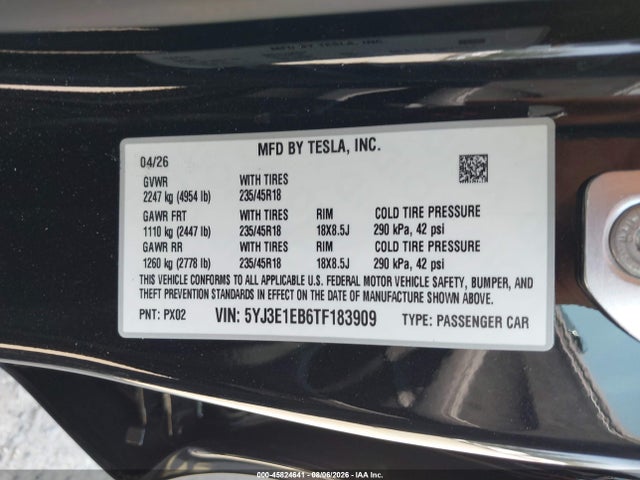 Продаж на аукціоні авто 2026 Tesla Model 3 Premium All-wheel Drive, vin: 5YJ3E1EB6TF183909, номер лоту: 45824641