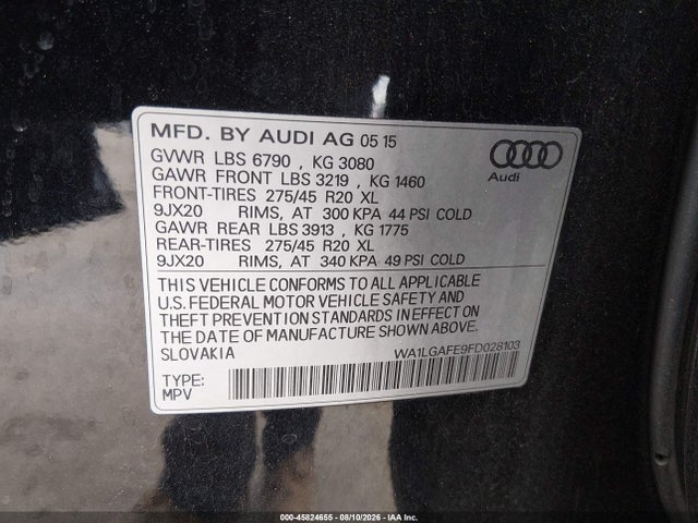 45824655 :رقم المزاد ، WA1LGAFE9FD028103 vin ، 2015 Audi Q7 3.0t Premium مزاد بيع