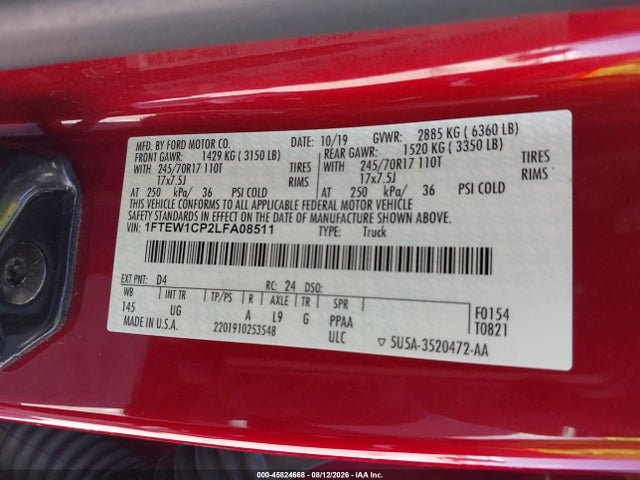 45824668 :رقم المزاد ، 1FTEW1CP2LFA08511 vin ، 2020 Ford F-150 Xlt مزاد بيع