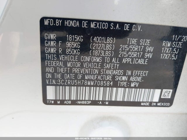 Продаж на аукціоні авто 2021 Honda Hr-v 2wd Ex-l, vin: 3CZRU5H78MM708584, номер лоту: 45824679