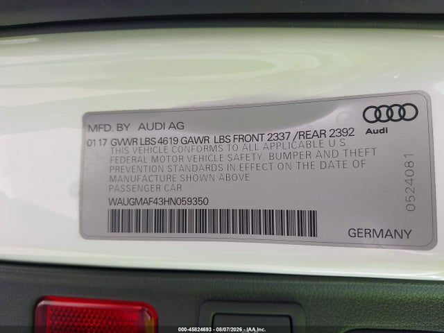 45824693 :رقم المزاد ، WAUGMAF43HN059350 vin ، 2017 Audi A4 2.0t Ultra Premium مزاد بيع