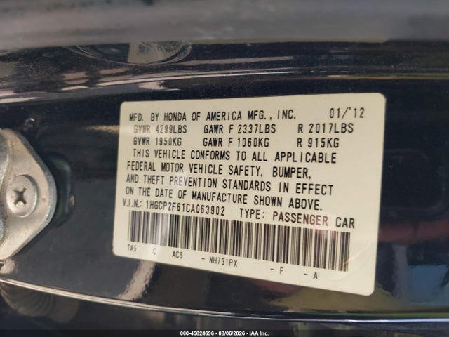Aukcja sprzedaży 2012 Honda Accord 2.4 Se, vin: 1HGCP2F61CA063902, numer aukcji: 45824696