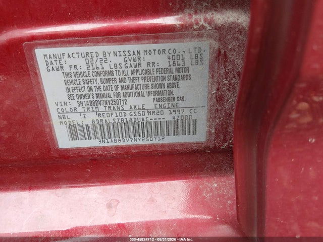 Aukcja sprzedaży 2022 Nissan Sentra Sr Xtronic Cvt, vin: 3N1AB8DV7NY250712, numer aukcji: 45824712
