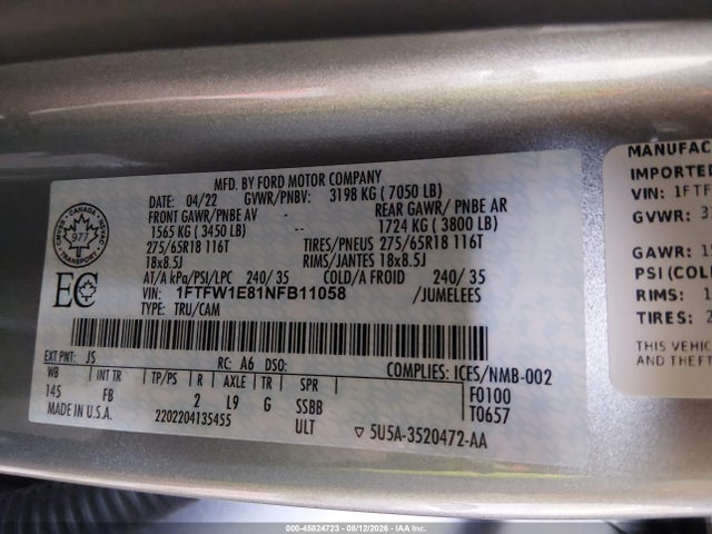 1FTFW1E81NFB11058 Ford F-150 King Ranch/lariat/limited/platinum/tremor/xl/xlt
