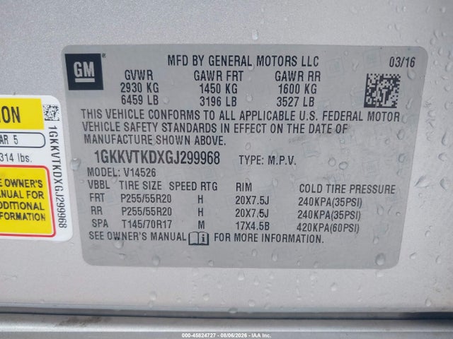 Auction sale of the 2016 Gmc Acadia Denali, vin: 1GKKVTKDXGJ299968, lot number: 45824727
