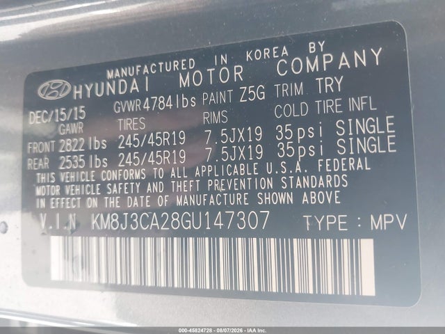 2016 Hyundai Tucson Sport მანქანა იყიდება აუქციონზე, vin: KM8J3CA28GU147307, აუქციონის ნომერი: 45824728