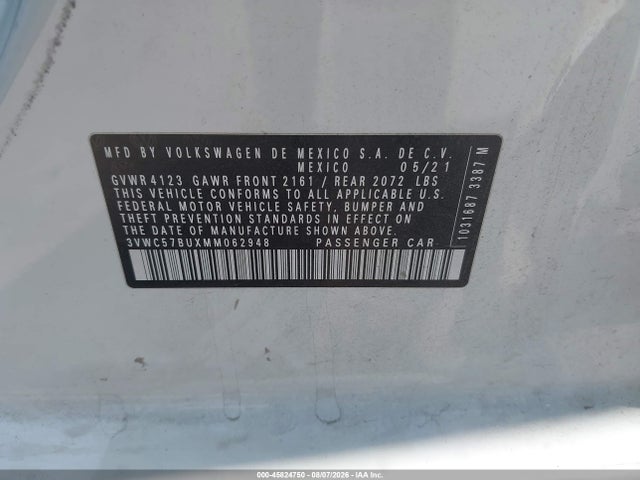 45824750 :رقم المزاد ، 3VWC57BUXMM062948 vin ، 2021 Volkswagen Jetta 1.4t R-line/1.4t Se/s مزاد بيع