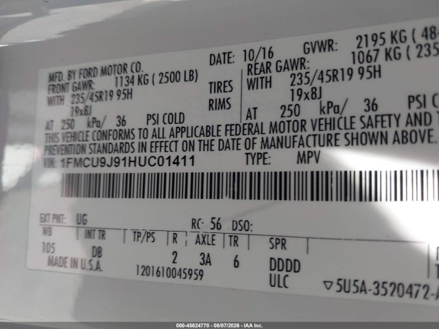 2017 Ford Escape Titanium მანქანა იყიდება აუქციონზე, vin: 1FMCU9J91HUC01411, აუქციონის ნომერი: 45824770