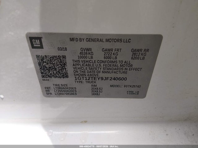 Продажа на аукционе авто 2018 Gmc Sierra 2500hd Slt, vin: 1GT12TEY9JF240600, номер лота: 45824775