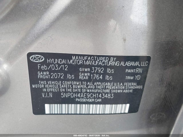 2012 Hyundai Elantra Limited მანქანა იყიდება აუქციონზე, vin: 5NPDH4AE9CH143483, აუქციონის ნომერი: 45824782