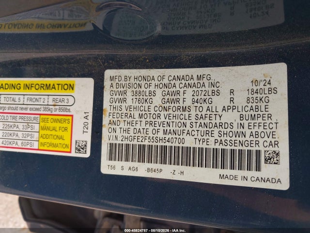 Продажа на аукционе авто 2025 Honda Civic Sport, vin: 2HGFE2F55SH540700, номер лота: 45824787