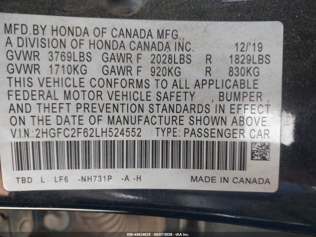 Honda Civic Lx 2020 2HGFC2F62LH524552 Image 9