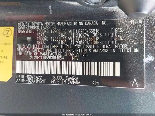 45824830 :رقم المزاد ، 2T2GK31U59C081054 vin ، 2009 Lexus Rx 350 مزاد بيع