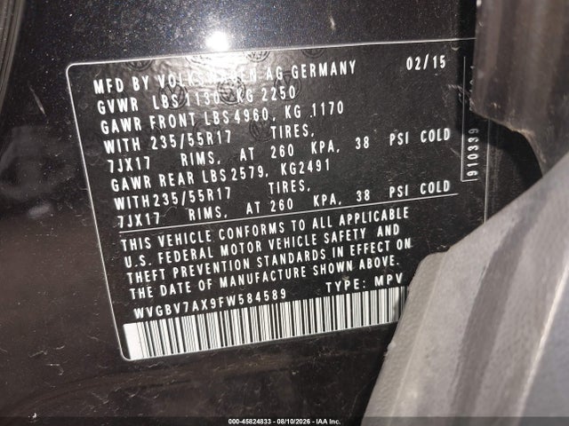 Aukcja sprzedaży 2015 Volkswagen Tiguan Se, vin: WVGBV7AX9FW584589, numer aukcji: 45824833