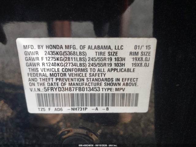 Aukcja sprzedaży 2015 Acura Mdx Advance Pkg W/entertainment Pkg, vin: 5FRYD3H87FB013453, numer aukcji: 45824838