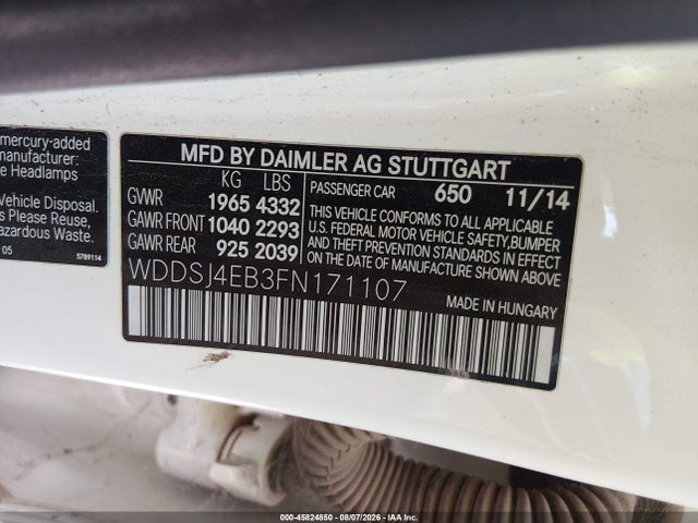 Aukcja sprzedaży 2015 Mercedes-benz Cla 250, vin: WDDSJ4EB3FN171107, numer aukcji: 45824850