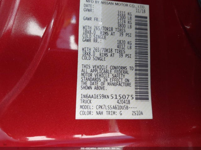 Продаж на аукціоні авто 2019 Nissan Titan Sv, vin: 1N6AA1E59KN515075, номер лоту: 45824854