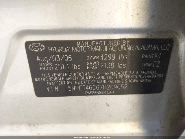 Продажа на аукционе авто 2007 Hyundai Sonata Gls, vin: 5NPET46C67H209052, номер лота: 45824856