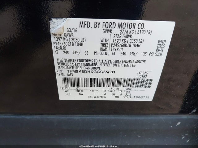 45824859 :رقم المزاد ، 1FM5K8DHXGGC55881 vin ، 2016 Ford Explorer Xlt مزاد بيع