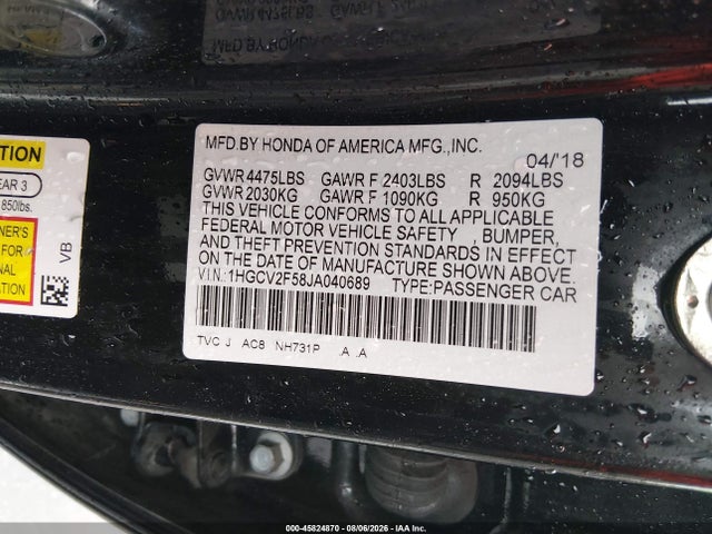 2018 Honda Accord Ex-l 2.0t მანქანა იყიდება აუქციონზე, vin: 1HGCV2F58JA040689, აუქციონის ნომერი: 45824870