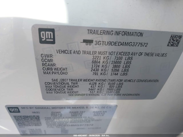45824897 :رقم المزاد ، 3GTU9DED4MG377572 vin ، 2021 Gmc Sierra 1500 4wd  Short Box Slt مزاد بيع
