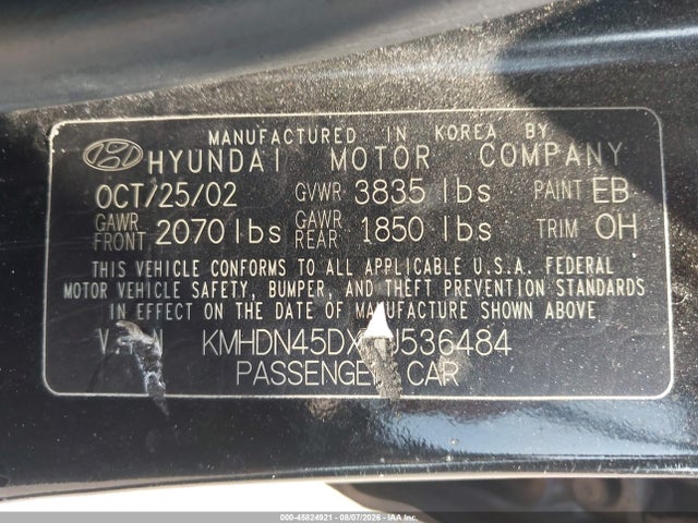 Aukcja sprzedaży 2003 Hyundai Elantra Gls/gt, vin: KMHDN45DX3U536484, numer aukcji: 45824921