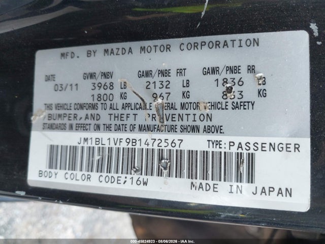 45824923 :رقم المزاد ، JM1BL1VF9B1472567 vin ، 2011 Mazda Mazda3 I Touring مزاد بيع