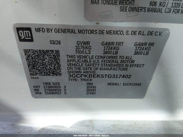 45824939 :رقم المزاد ، 3GCPKBEK5TG317402 vin ، 2026 Chevrolet Silverado 1500 4wd  Short Bed Custom مزاد بيع