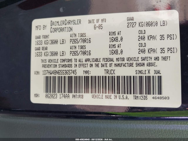 Aukcja sprzedaży 2005 Dodge Dakota Slt, vin: 1D7HW48N65S365745, numer aukcji: 45824945