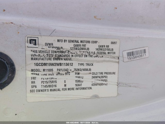 1998 Gmc Safari Standard მანქანა იყიდება აუქციონზე, vin: 1GTDM19WXWB522442, აუქციონის ნომერი: 45824946