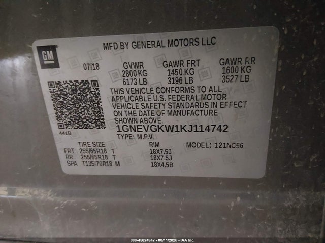 Продаж на аукціоні авто 2019 Chevrolet Traverse 1lt, vin: 1GNEVGKW1KJ114742, номер лоту: 45824947