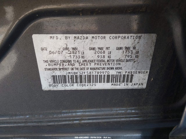 2008 Mazda Mazda3 I მანქანა იყიდება აუქციონზე, vin: JM1BK32F581789970, აუქციონის ნომერი: 45824960
