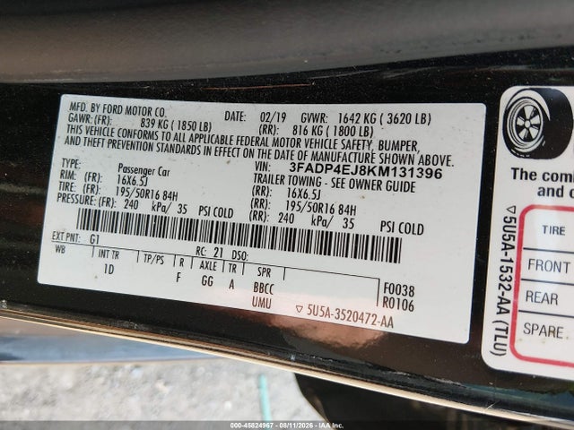 Продажа на аукционе авто 2019 Ford Fiesta Se, vin: 3FADP4EJ8KM131396, номер лота: 45824967