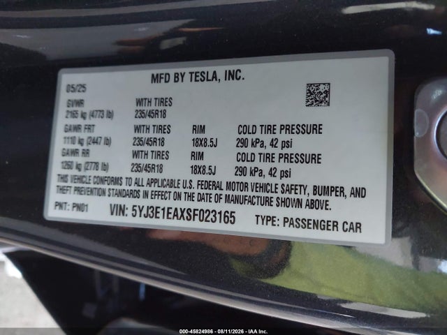 Auction sale of the 2025 Tesla Model 3 Long Range Rear-wheel Drive/standard Rear-wheel Drive, vin: 5YJ3E1EAXSF023165, lot number: 45824986