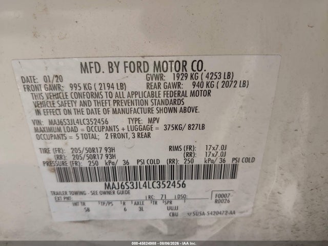 Aukcja sprzedaży 2020 Ford Ecosport Ses, vin: MAJ6S3JL4LC352456, numer aukcji: 45824988