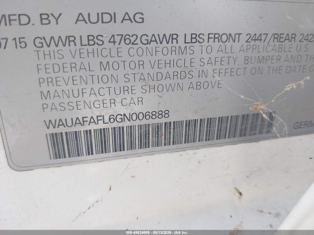 45824989 :رقم المزاد ، WAUAFAFL6GN006888 vin ، 2016 Audi A4 Premium مزاد بيع