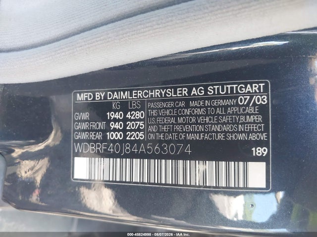 45824998 :رقم المزاد ، WDBRF40J84A563074 vin ، 2004 Mercedes-benz C 230 Kompressor Sport/sport مزاد بيع