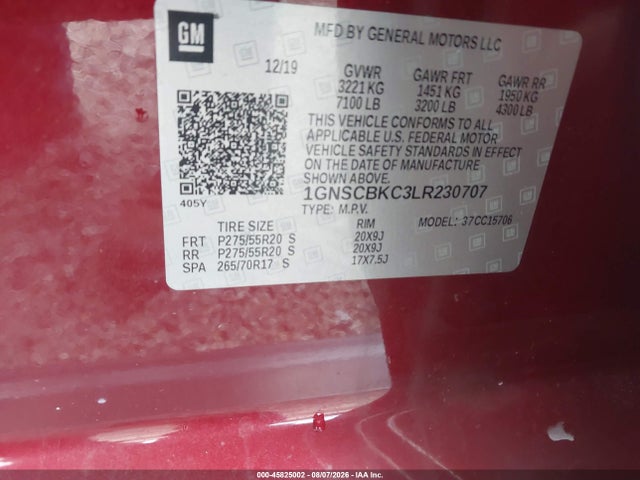 2020 Chevrolet Tahoe 2wd Lt მანქანა იყიდება აუქციონზე, vin: 1GNSCBKC3LR230707, აუქციონის ნომერი: 45825002