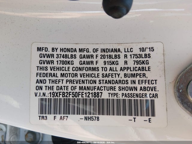 Продаж на аукціоні авто 2015 Honda Civic Lx, vin: 19XFB2F50FE121887, номер лоту: 45825013