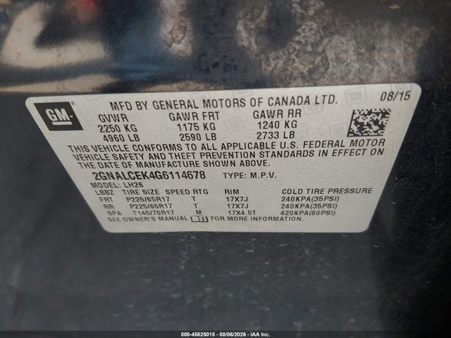 45825015 :رقم المزاد ، 2GNALCEK4G6114678 vin ، 2016 Chevrolet Equinox Lt مزاد بيع