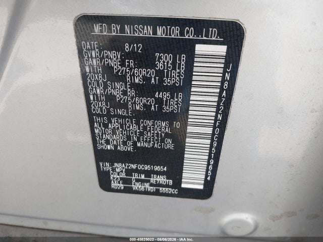 Продаж на аукціоні авто 2012 Infiniti Qx56, vin: JN8AZ2NF0C9519654, номер лоту: 45825022