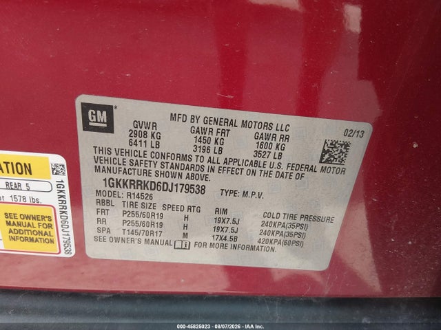 Auction sale of the 2013 Gmc Acadia Slt-1, vin: 1GKKRRKD6DJ179538, lot number: 45825023