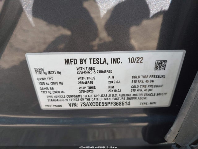 45825036 :رقم المزاد ، 7SAXCDE55PF368514 vin ، 2023 Tesla Model X Dual Motor All-wheel Drive/standard Range مزاد بيع
