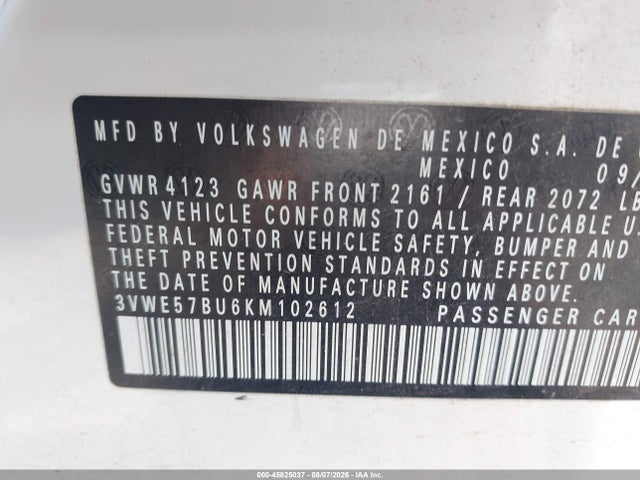 Продаж на аукціоні авто 2019 Volkswagen Jetta 1.4t Sel, vin: 3VWE57BU6KM102612, номер лоту: 45825037