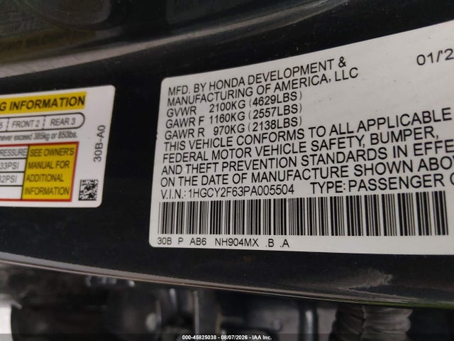 Продаж на аукціоні авто 2023 Honda Accord Hybrid Ex-l, vin: 1HGCY2F63PA005504, номер лоту: 45825038