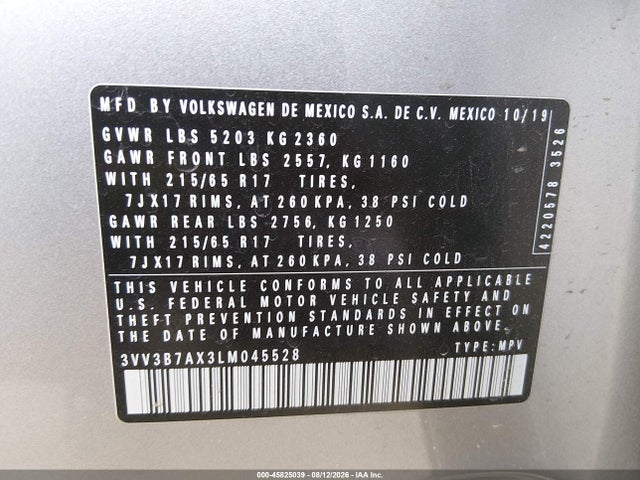 Aukcja sprzedaży 2020 Volkswagen Tiguan 2.0t Se/2.0t Se R-line Black/2.0t Sel, vin: 3VV3B7AX3LM045528, numer aukcji: 45825039