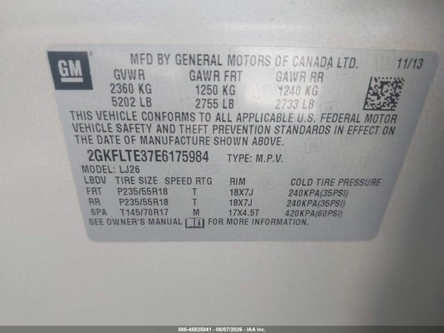Aukcja sprzedaży 2014 Gmc Terrain Slt-2, vin: 2GKFLTE37E6175984, numer aukcji: 45825041