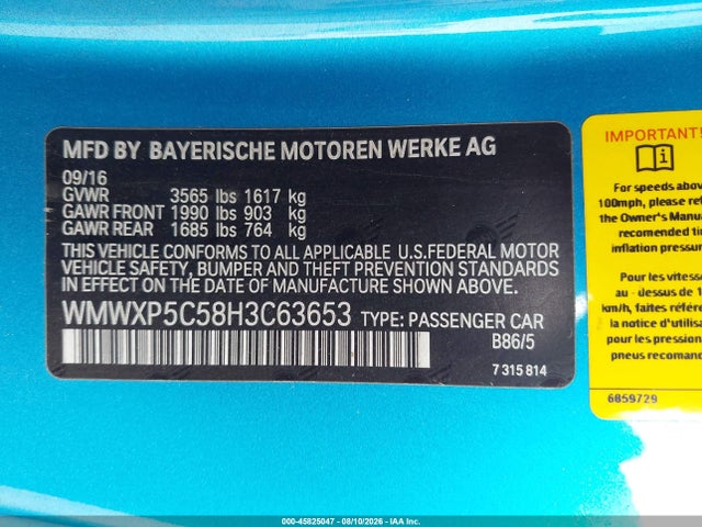 Продаж на аукціоні авто 2017 Mini Hardtop Cooper, vin: WMWXP5C58H3C63653, номер лоту: 45825047