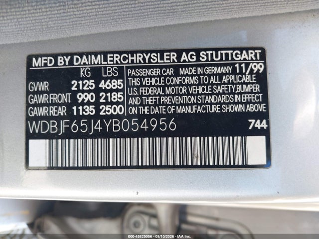 Продаж на аукціоні авто 2000 Mercedes-benz E 320, vin: WDBJF65J4YB054956, номер лоту: 45825056