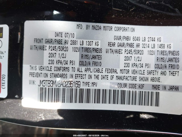 Продажа на аукционе авто 2010 Mazda Cx-9 Grand Touring, vin: JM3TB3MV8A0235169, номер лота: 45825057